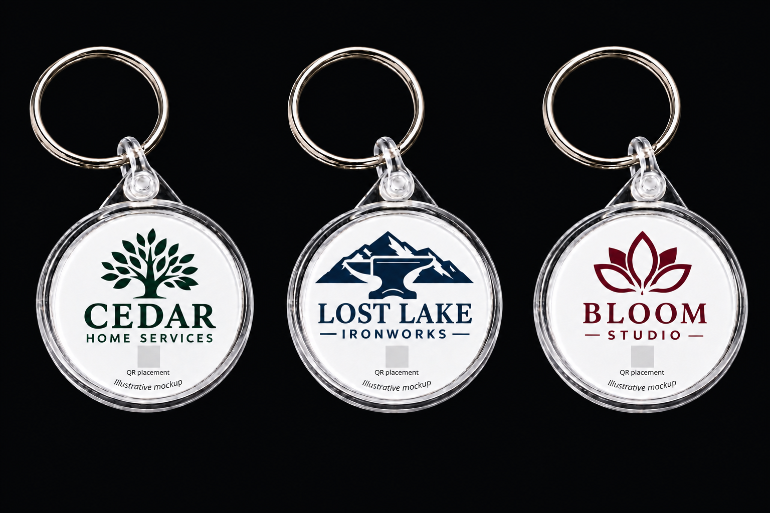 Clear keychain examples with Cedar, Lost Lake Ironworks and Bloom Studio branding