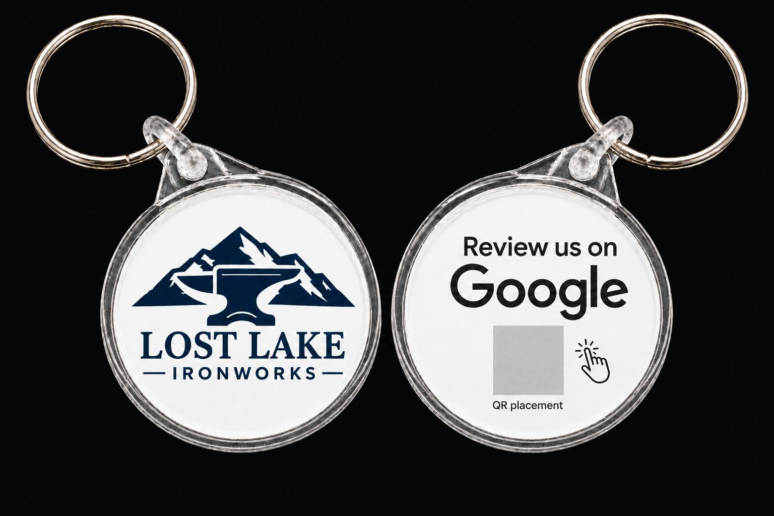 Clear snap-in ReviewTap keychain with silver split ring, showing the Lost Lake Ironworks mountain-and-anvil front and review-request reverse