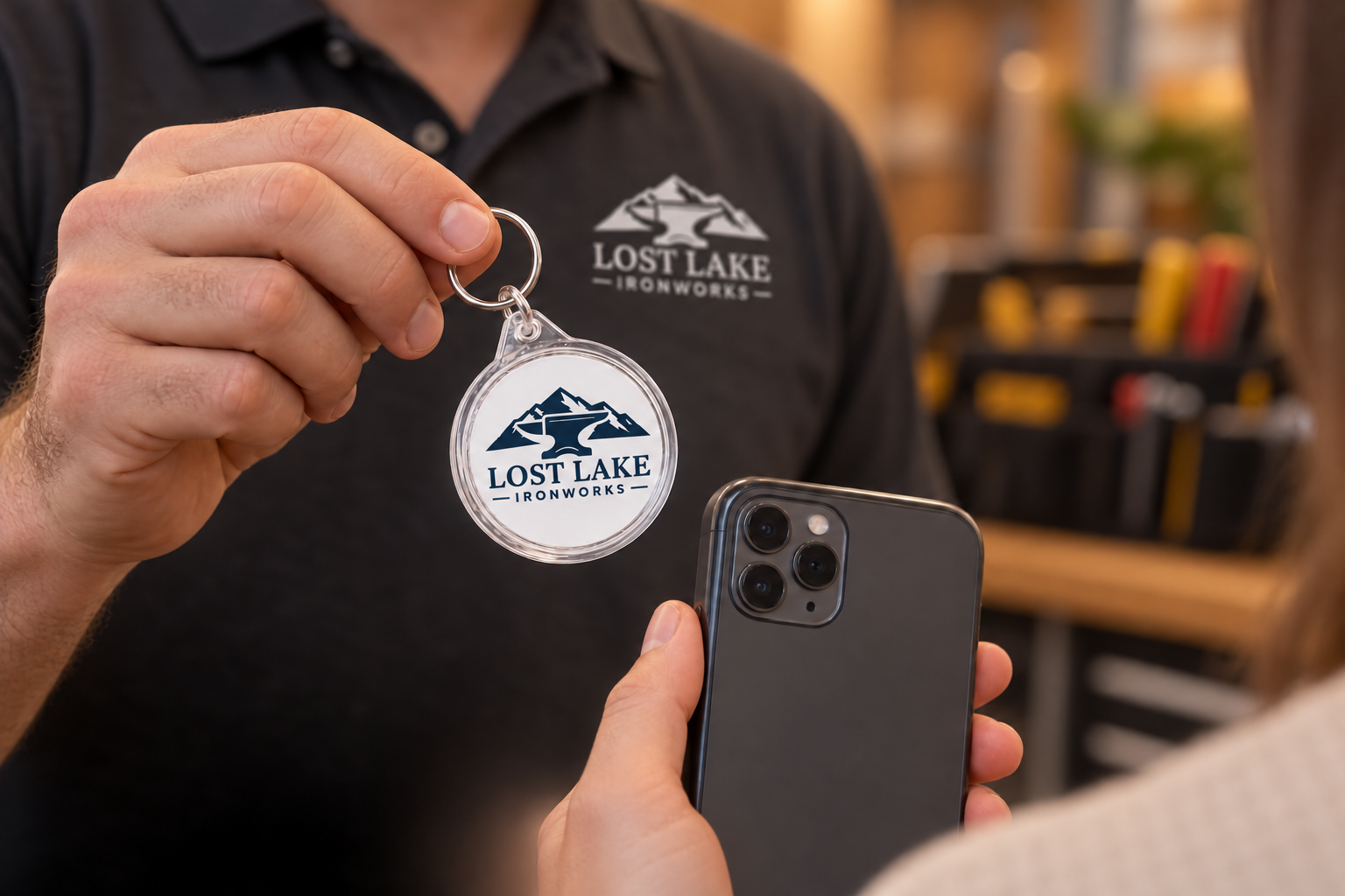 Illustration of the Lost Lake Ironworks clear keychain held near a compatible phone